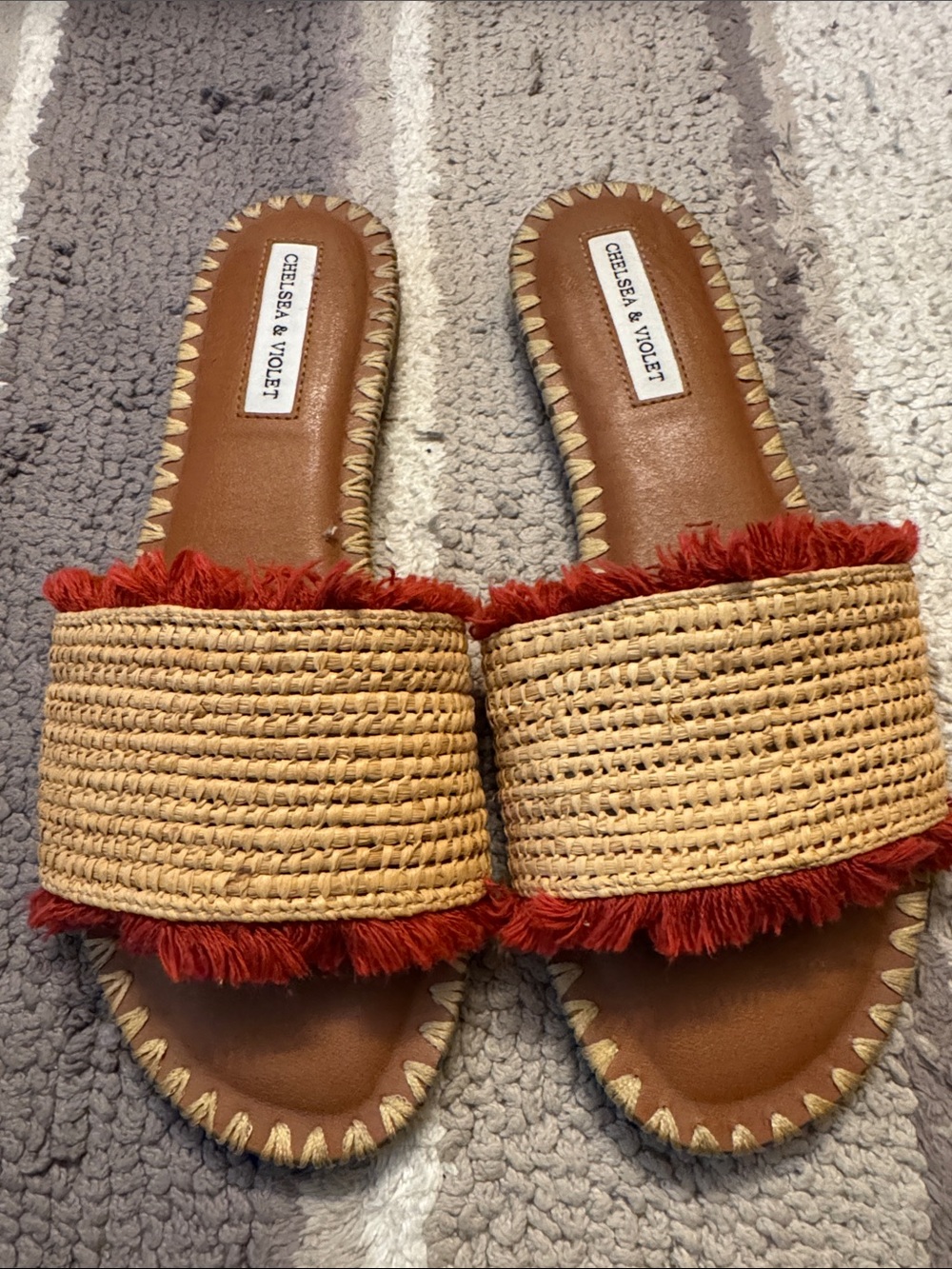 Chelsea & Violet Tan Raffia Slide Sandals with Red Fringe Trim